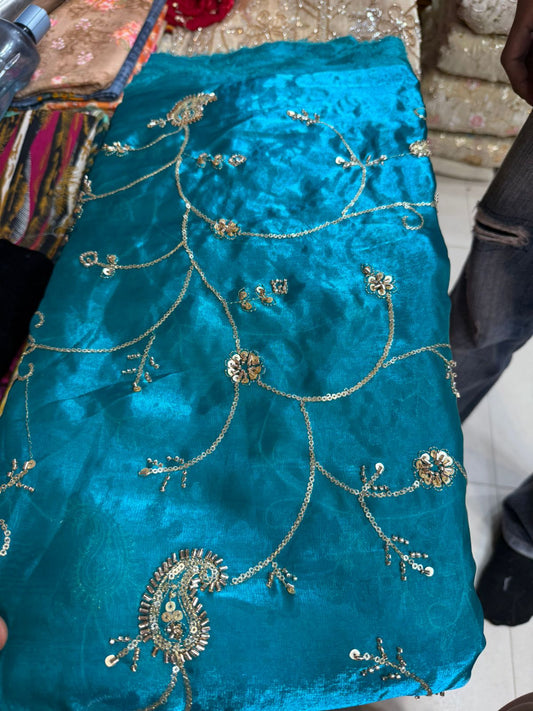 Teal Blue Heavy Work Fancy Fendy Fabric – Premium Sequin & Bead Embroidery