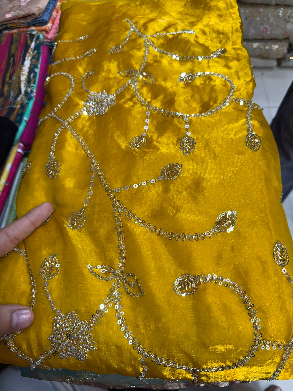 Mustard Yellow Heavy Work Fancy Fendy Fabric – Rich Sequin Embroidery