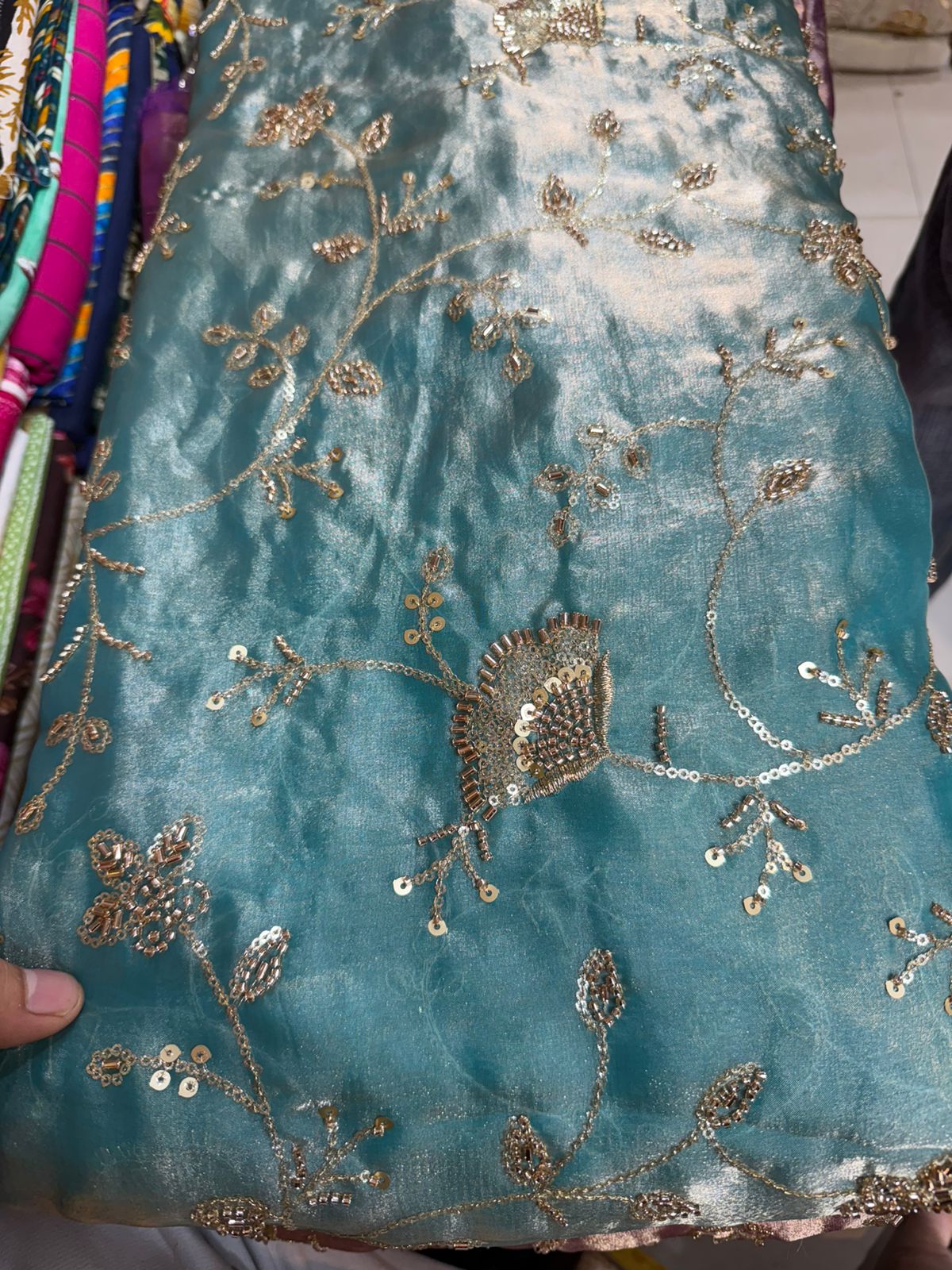 Sea Green Heavy Work Fancy Fendy Fabric – Designer Sequin & Bead Work