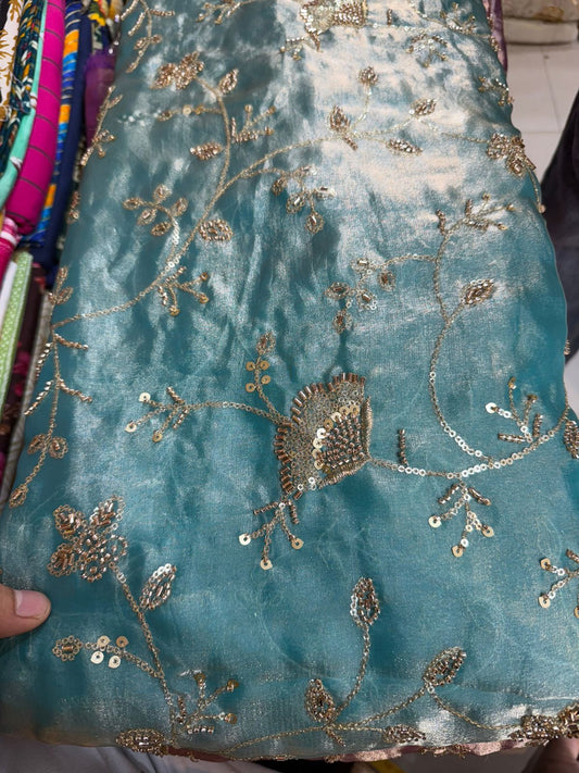 Sea Green Heavy Work Fancy Fendy Fabric – Designer Sequin & Bead Work