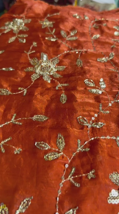 Work Fendy Fabric – Rust Orange Color with Heavy Embroidery | Premium Festive Wear | Per Meter