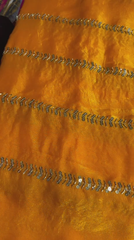 Mustard Orange Fancy Fendy Fabric with Golden Leaf Embroidery – Festive Wear