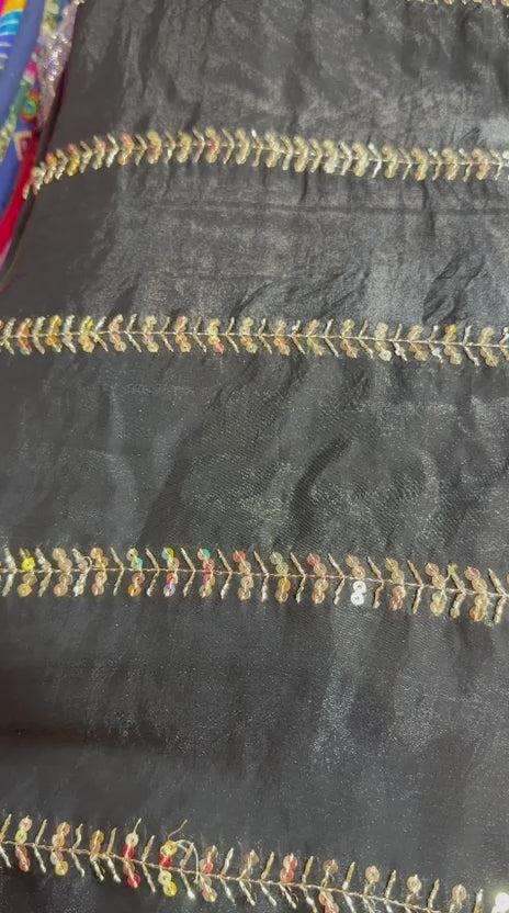 Black Fancy Fendy Fabric with Golden Leaf Line Embroidery – Elegant Party Wear